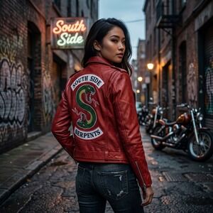 Riverdale South Side Serpents Red Real Leather Moto Jacket Womens XS Cosplay